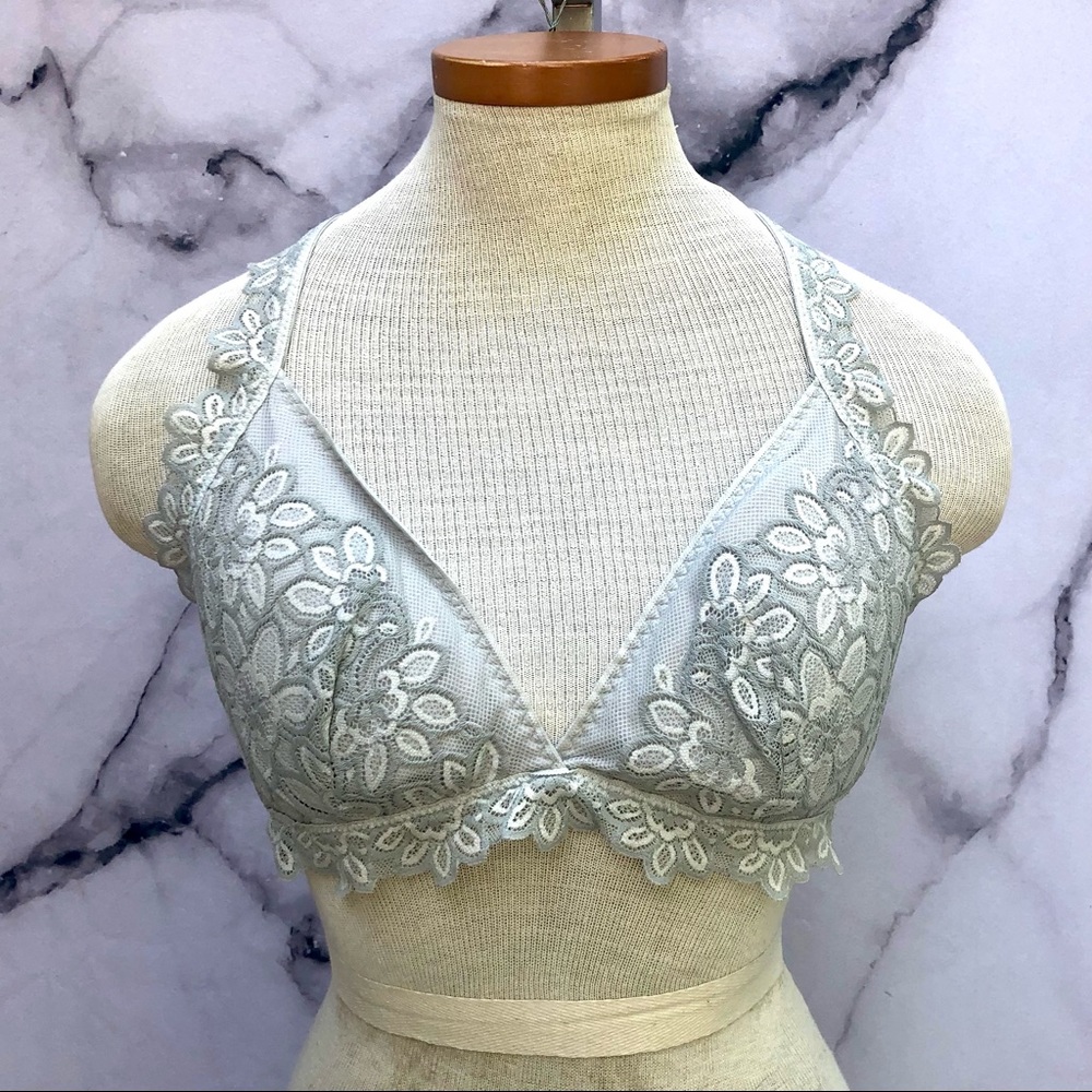 Aerie Bralette Floral Lace Grey Racerback Triangle Bikini Lounge Bra Size Large